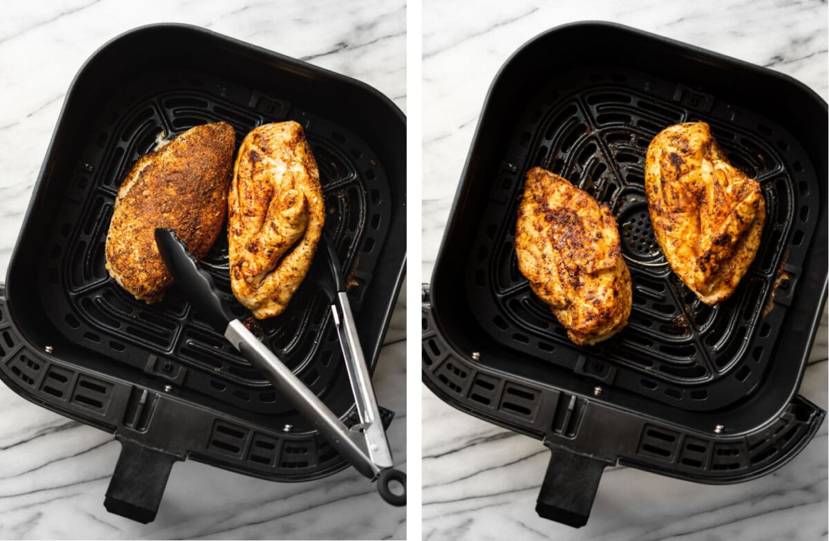 flipping chicken breasts in an air fryer with kitchen tongs