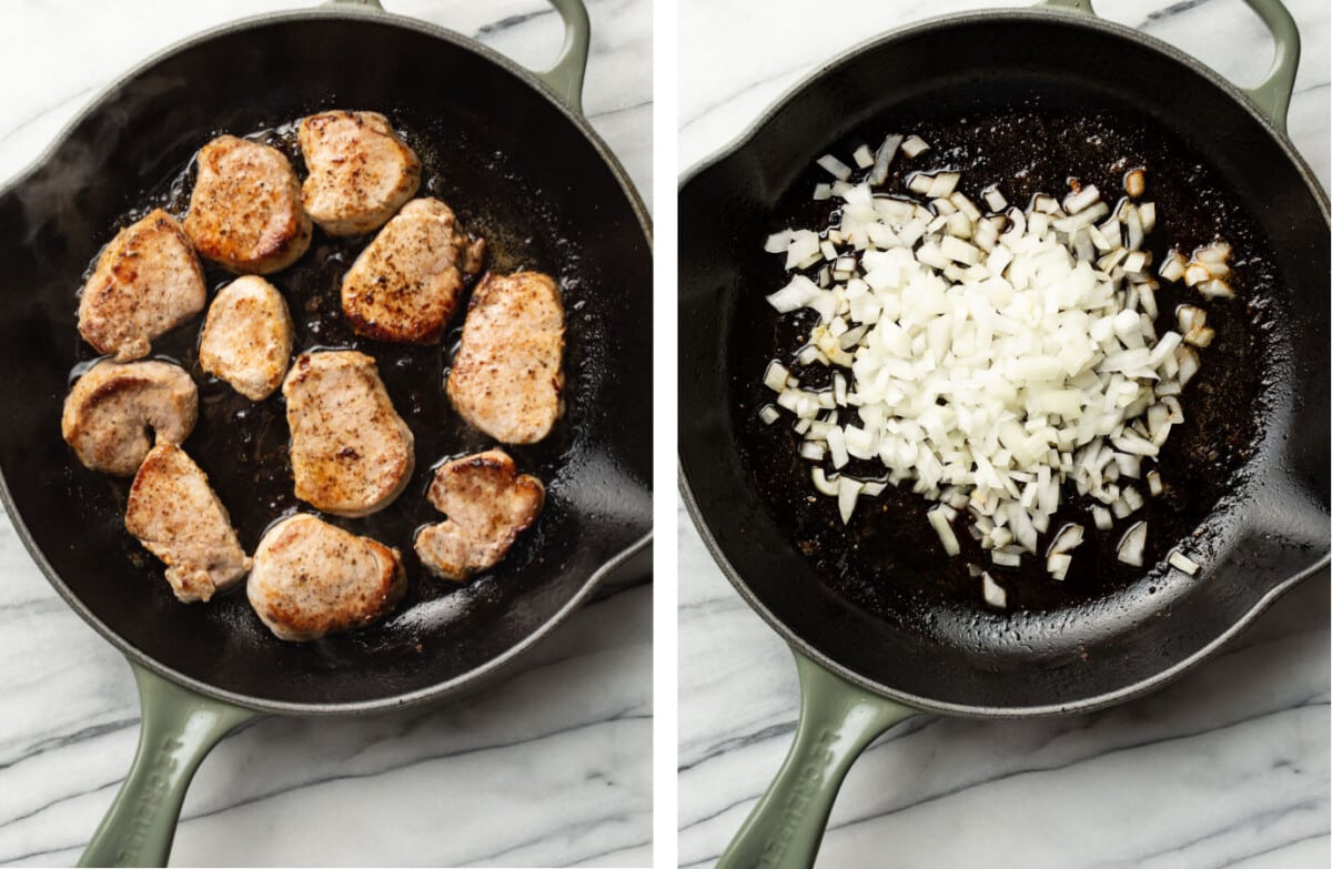 pan frying pork tenderloin in a skillet and then sauteing onions