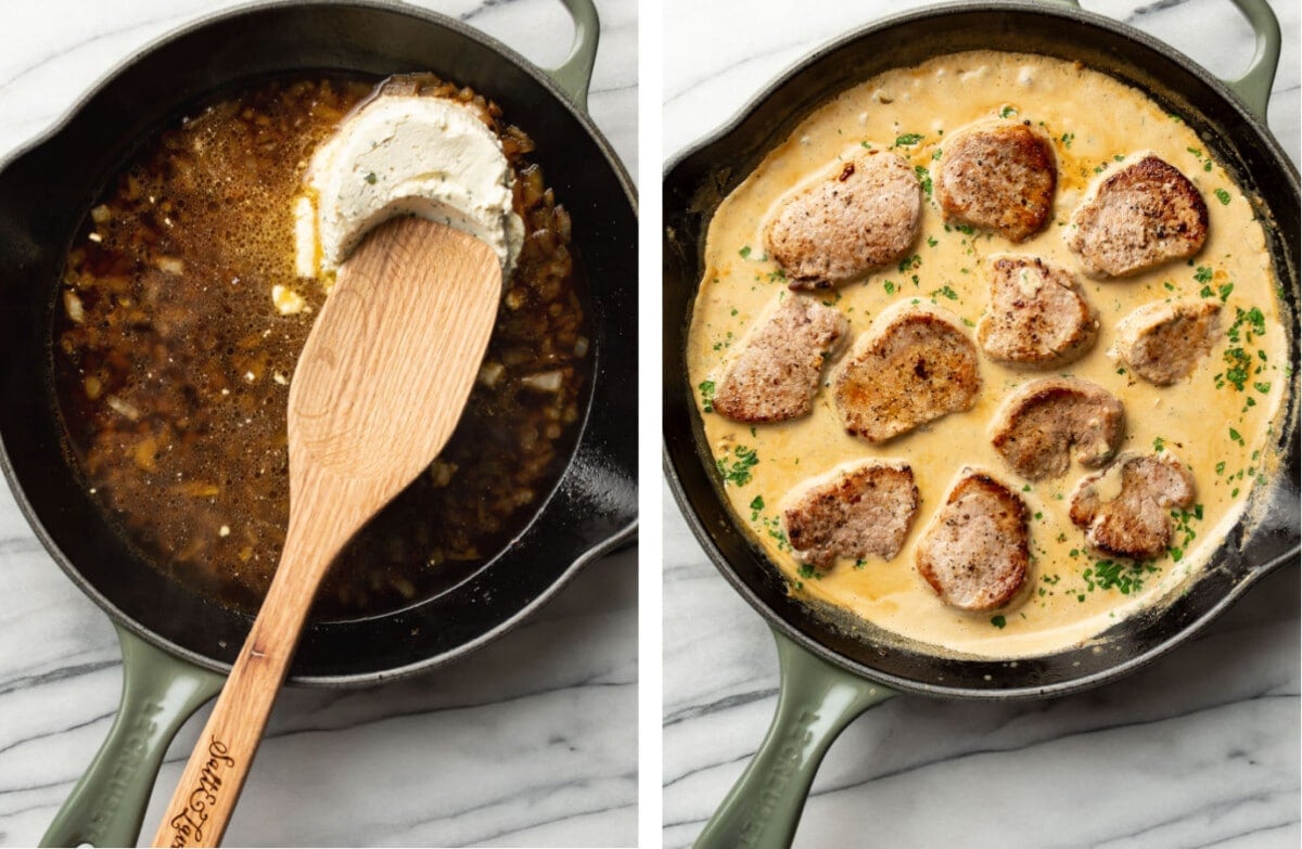 making boursin sauce in a skillet and adding pork tenderloin