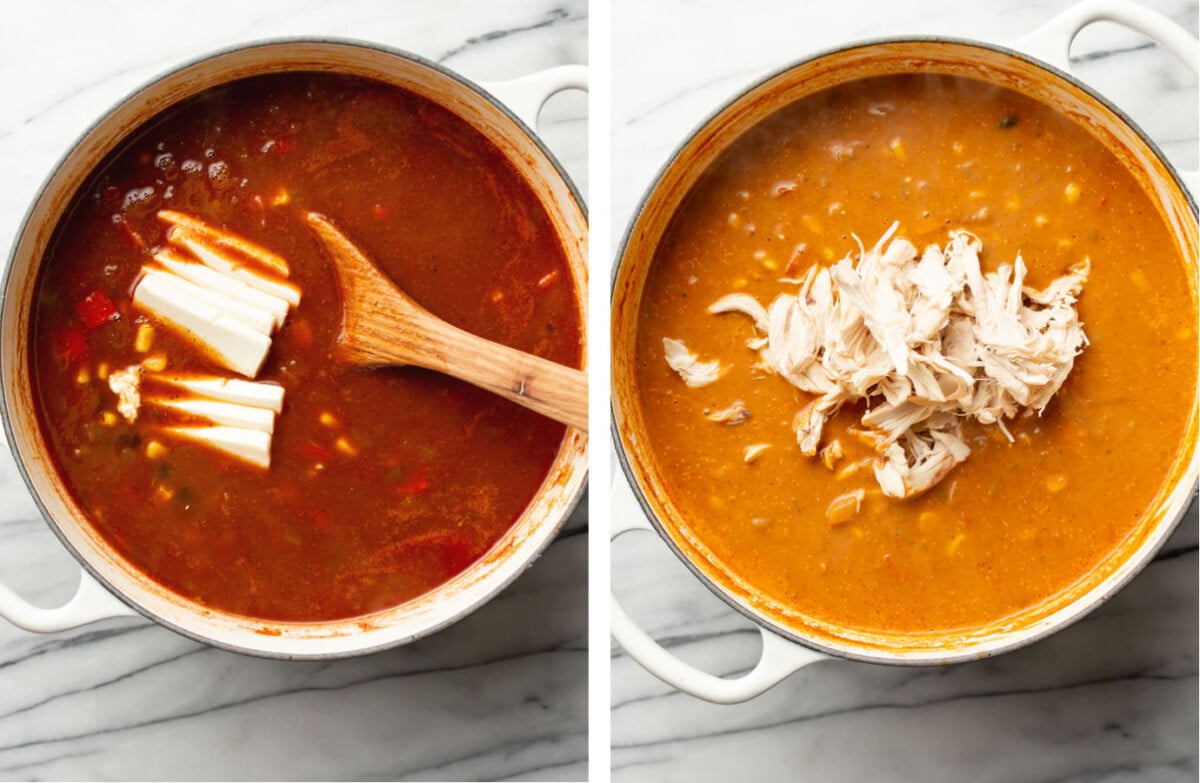 stirring in cream cheese and chicken to a pot with enchilada soup