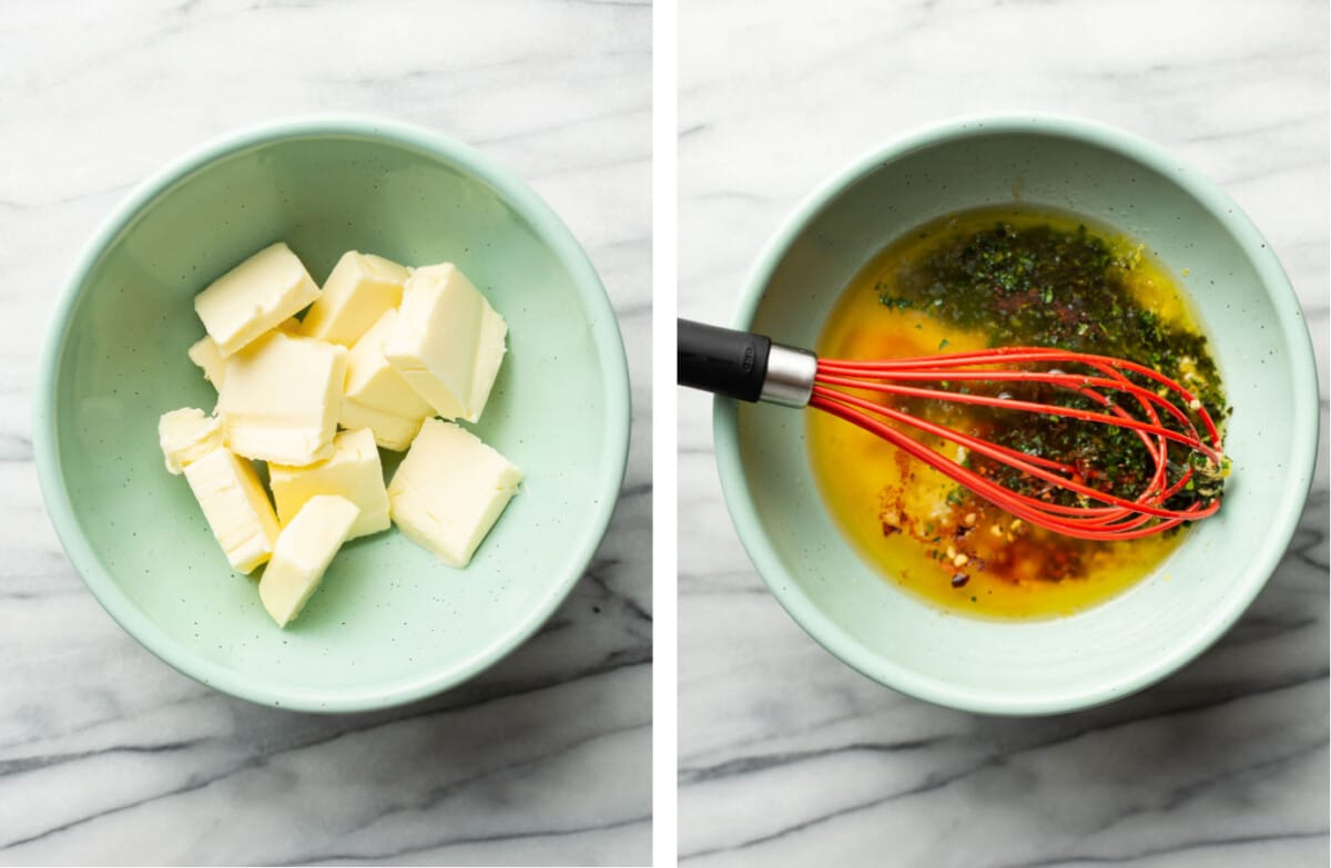 whisking ingredients together in a bowl to make cowboy butter