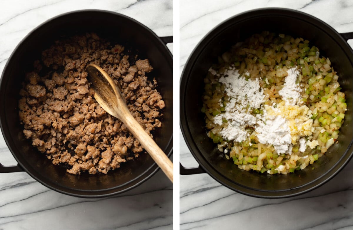 browning italian sausage in a dutch oven then sauteing onions and celery