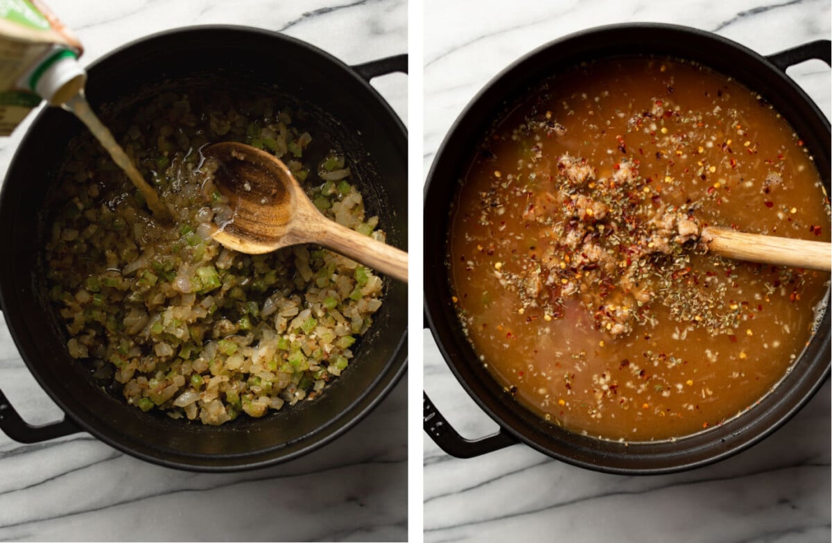 pouring in chicken broth, and adding in tomatoes, gnocchi, and sausage to a soup pot