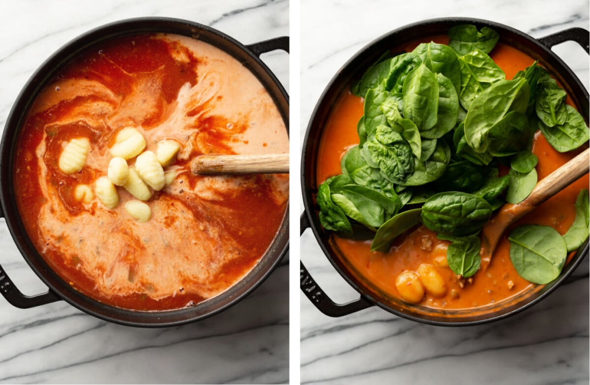 stirring in cream, gnocchi, and spinach to a pot of italian sausage soup