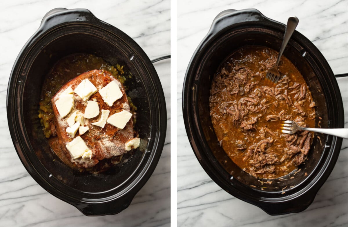 beef chuck roast in a crockpot before and after cooking and shredding