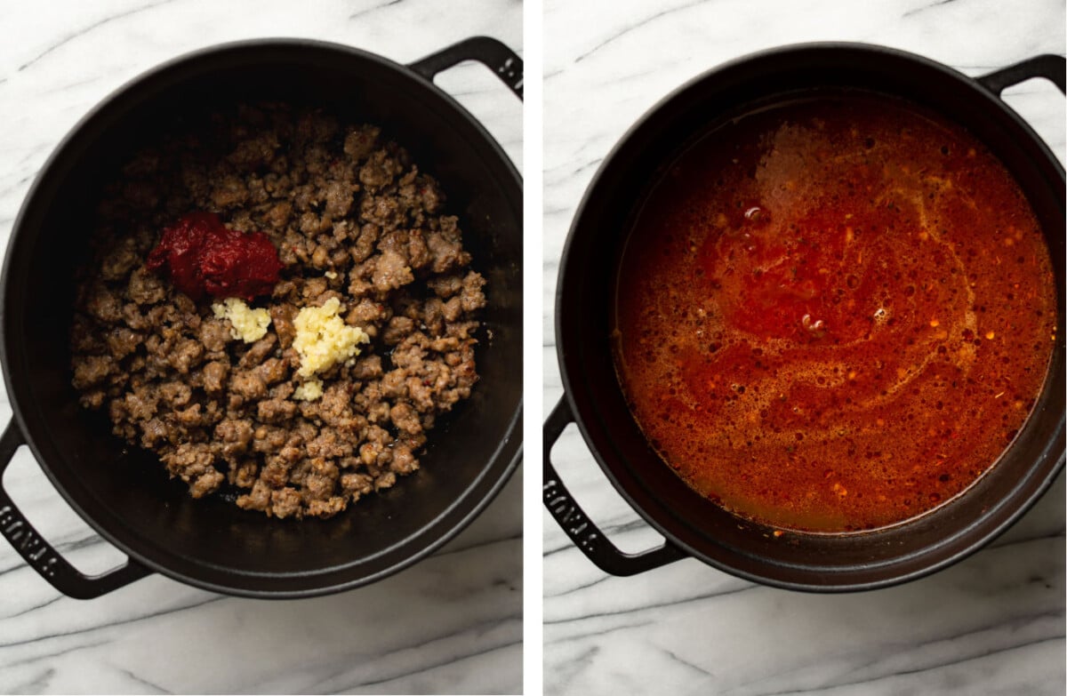 browning italian sausage in a dutch oven and adding tomato sauce ingredients