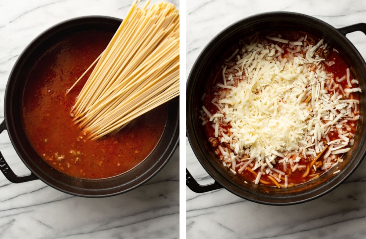 adding spaghetti to a soup pot with italian sausage tomato sauce and topping with cheese