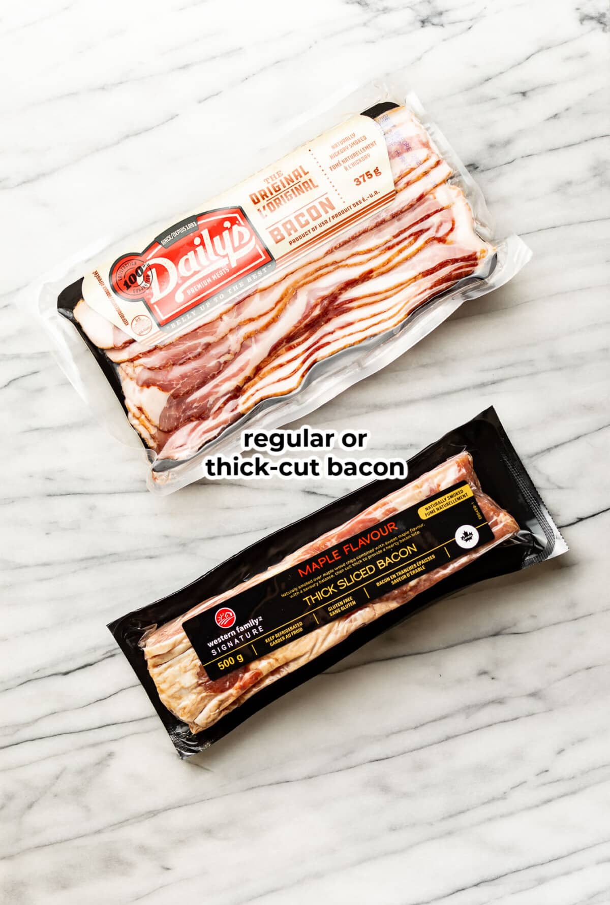 two packages of bacon on a countertop