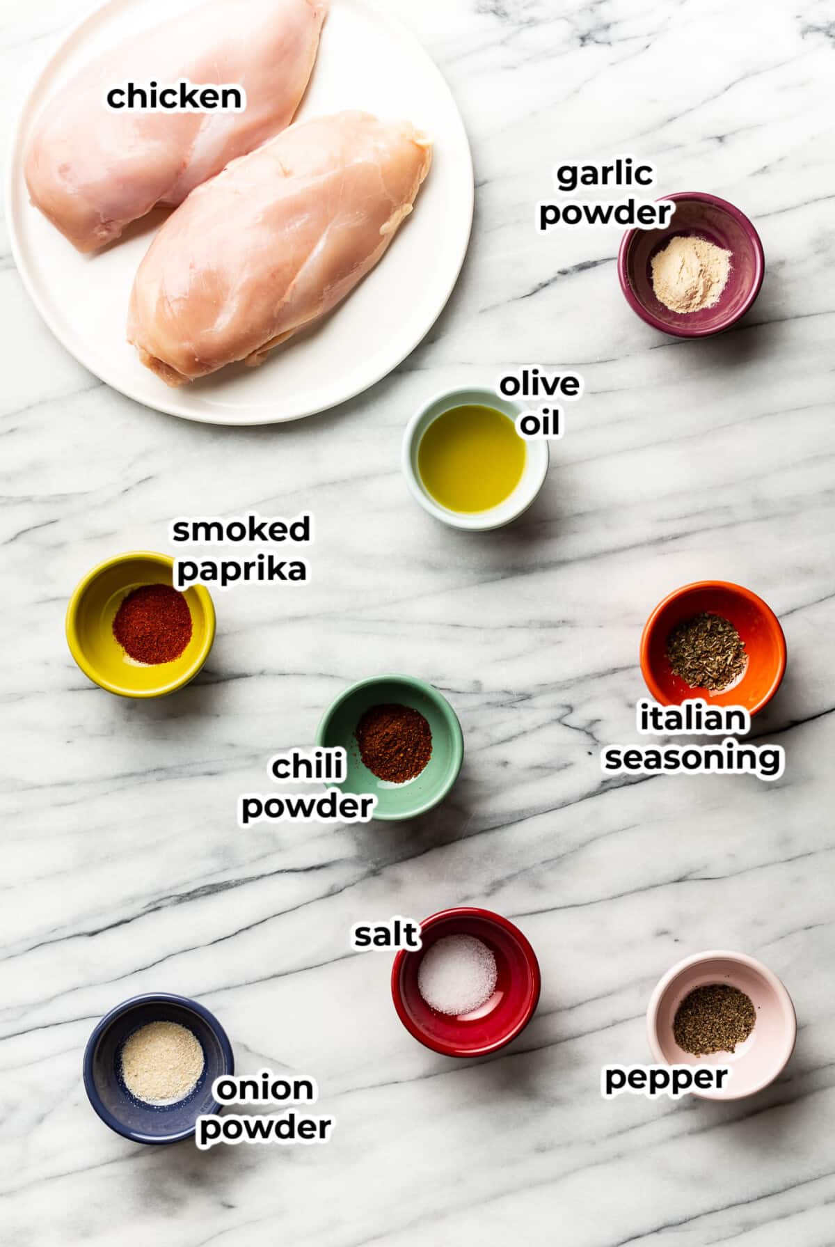 ingredients for air fryer chicken breast in prep bowls