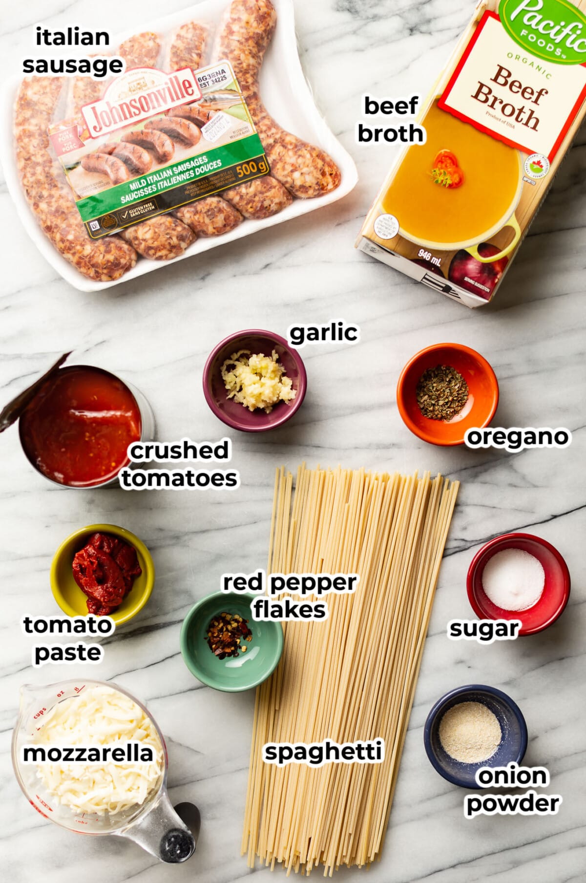 ingredients for one pot italian sausage spaghetti in prep bowls