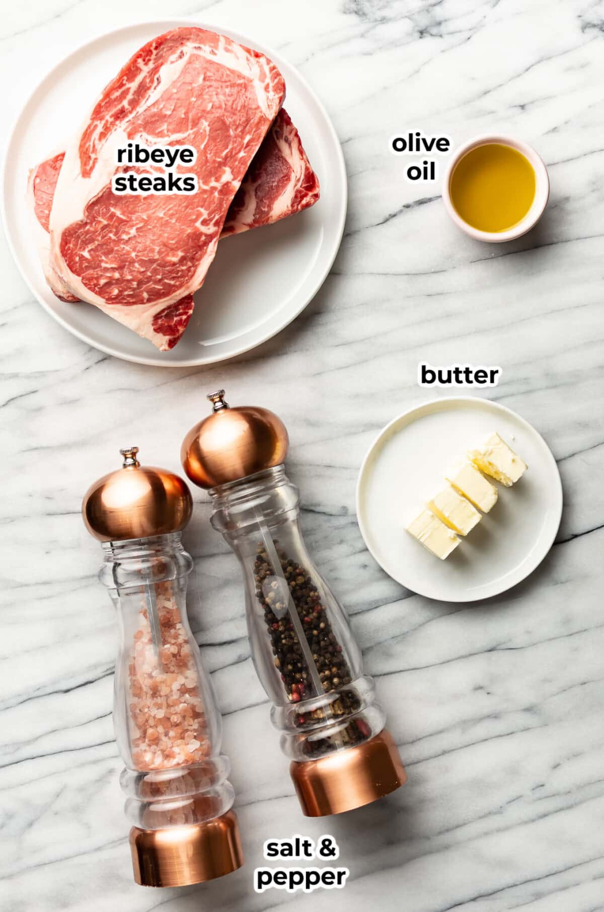 ingredients for ribeye steak in prep bowls