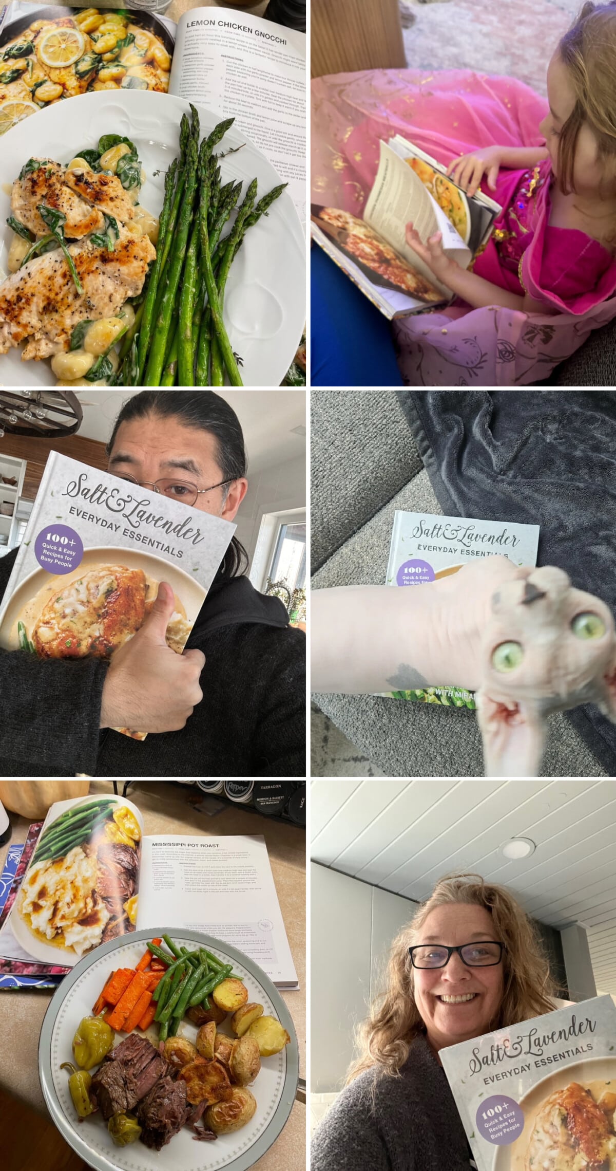 a collage with reader photos of the salt and lavender cookbook