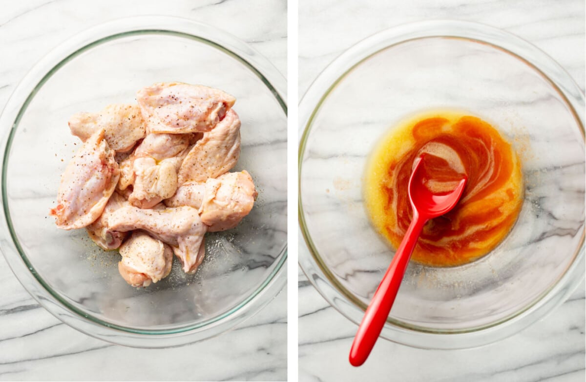 tossing chicken wings with salt and pepper in a prep bowl and making buffalo sauce