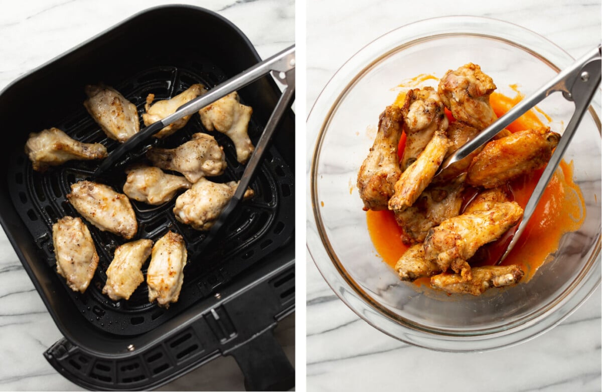 cooking chicken wings in an air fryer and then tossing with buffalo sauce in a prep bowl