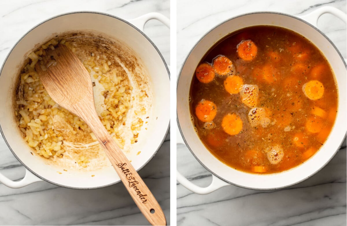 sauteing onion in a soup pot and adding ingredients for carrot soup