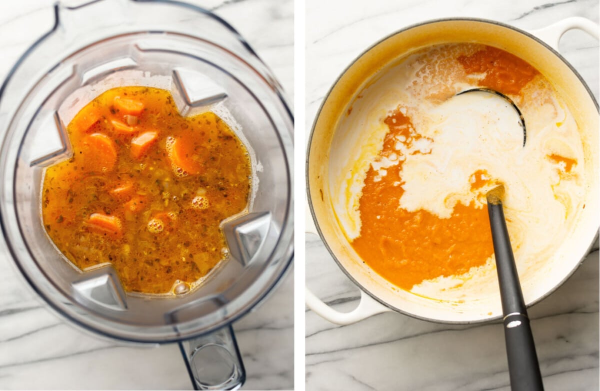 blending carrot soup in a blender and adding in coconut milk