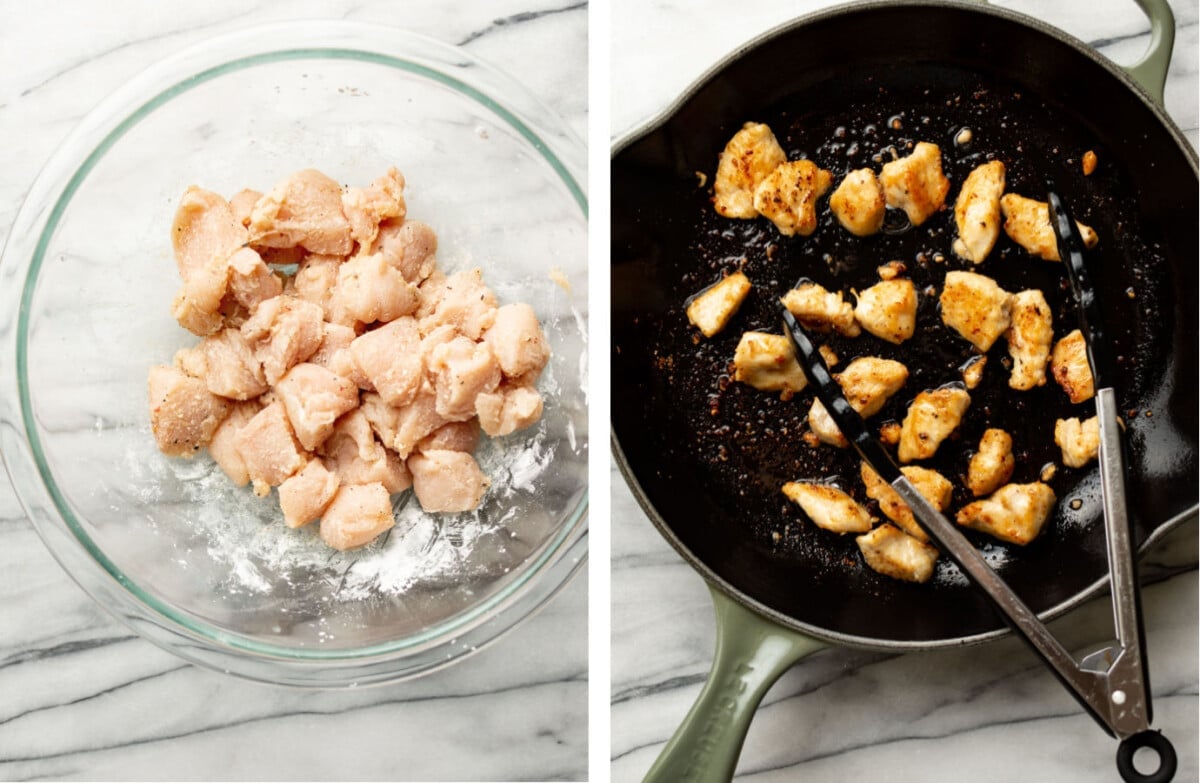 tossing chicken bites with cornstarch in a prep bowl and pan searing in a skillet