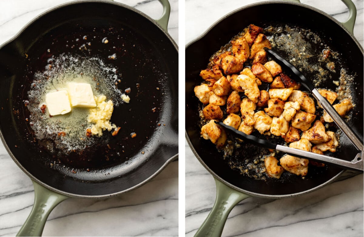 making garlic butter sauce in a skillet and tossing with chicken bites