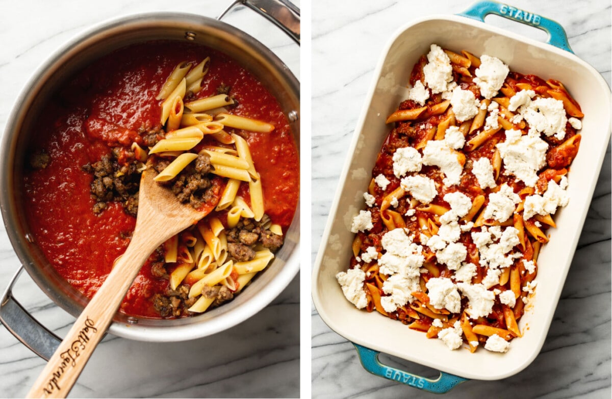 mixing pasta and sauce in a pot and adding it to a baking dish for mostaccioli