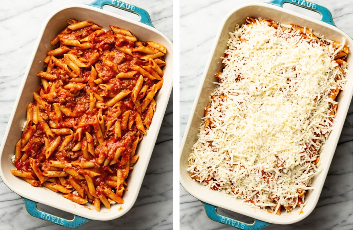 topping a baking dish with mostaccioli with mozzarella cheese