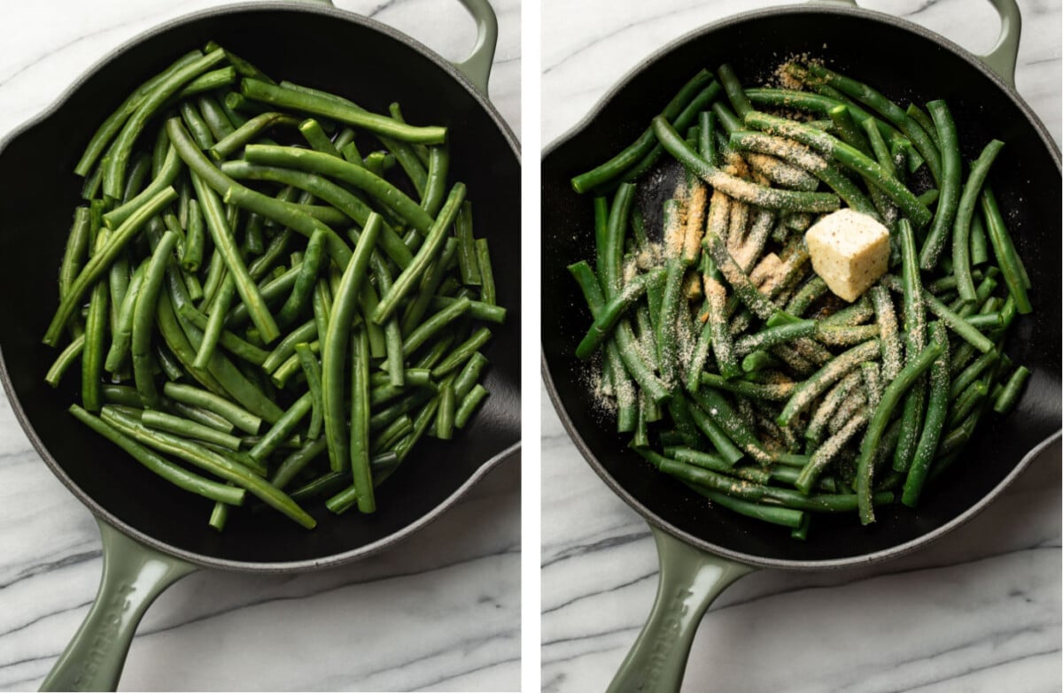 sauteed green beans in a skillet before and after adding butter and seasoning