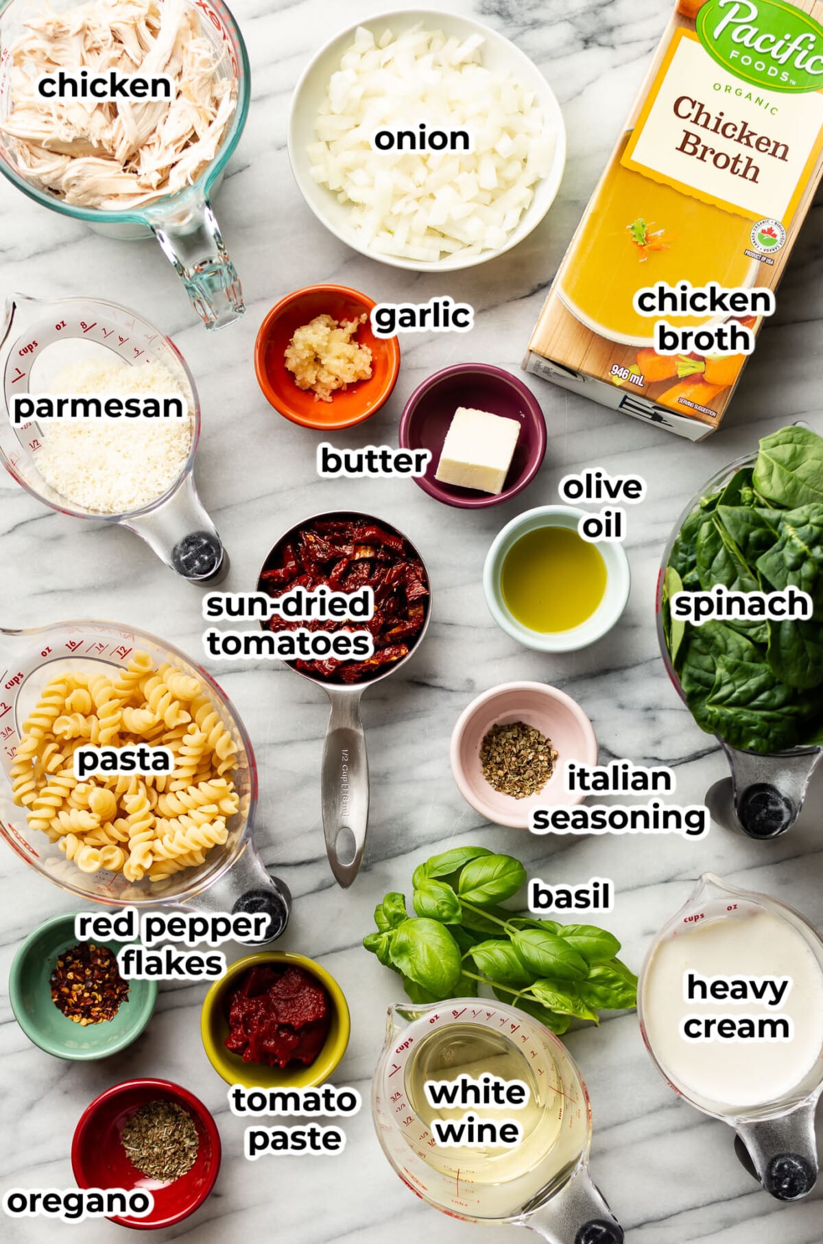 ingredients for marry me chicken soup in prep bowls