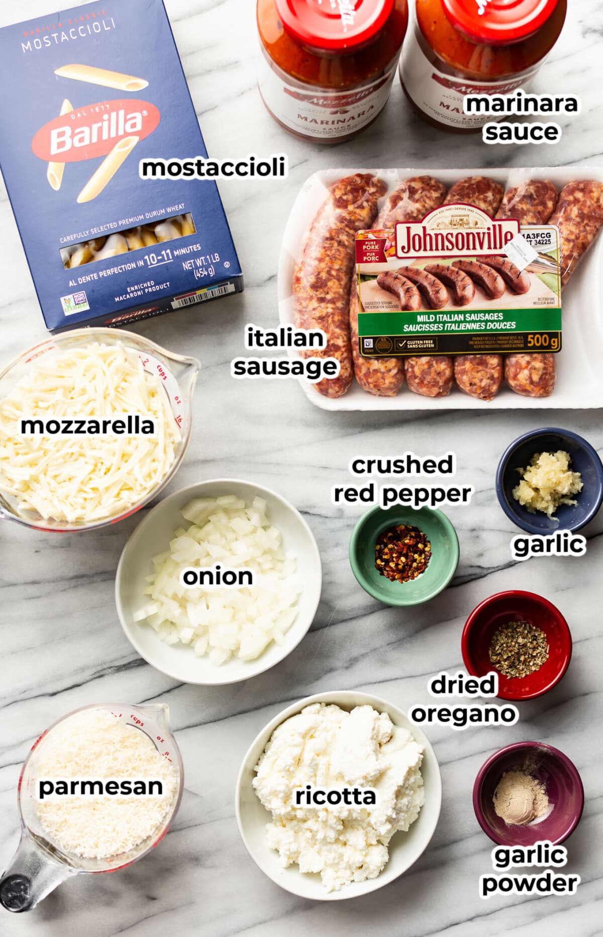 ingredients for mostaccioli in prep bowls