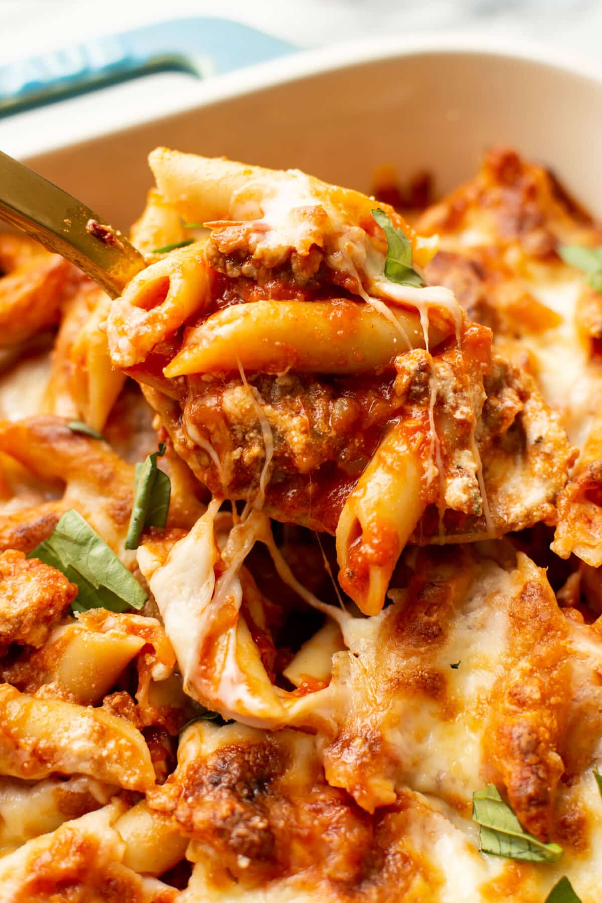 closeup of a baking dish with mostaccioli