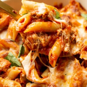 closeup of a baking dish with mostaccioli