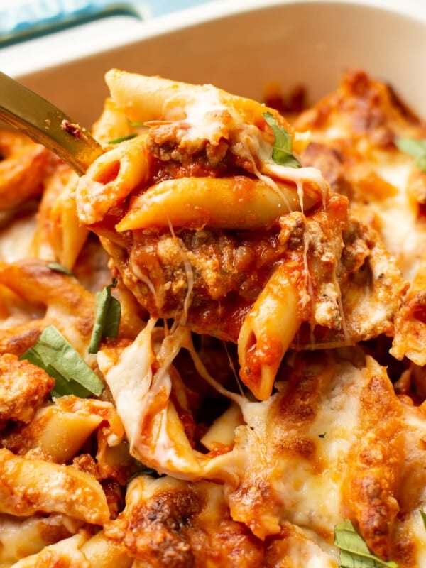 closeup of a baking dish with mostaccioli