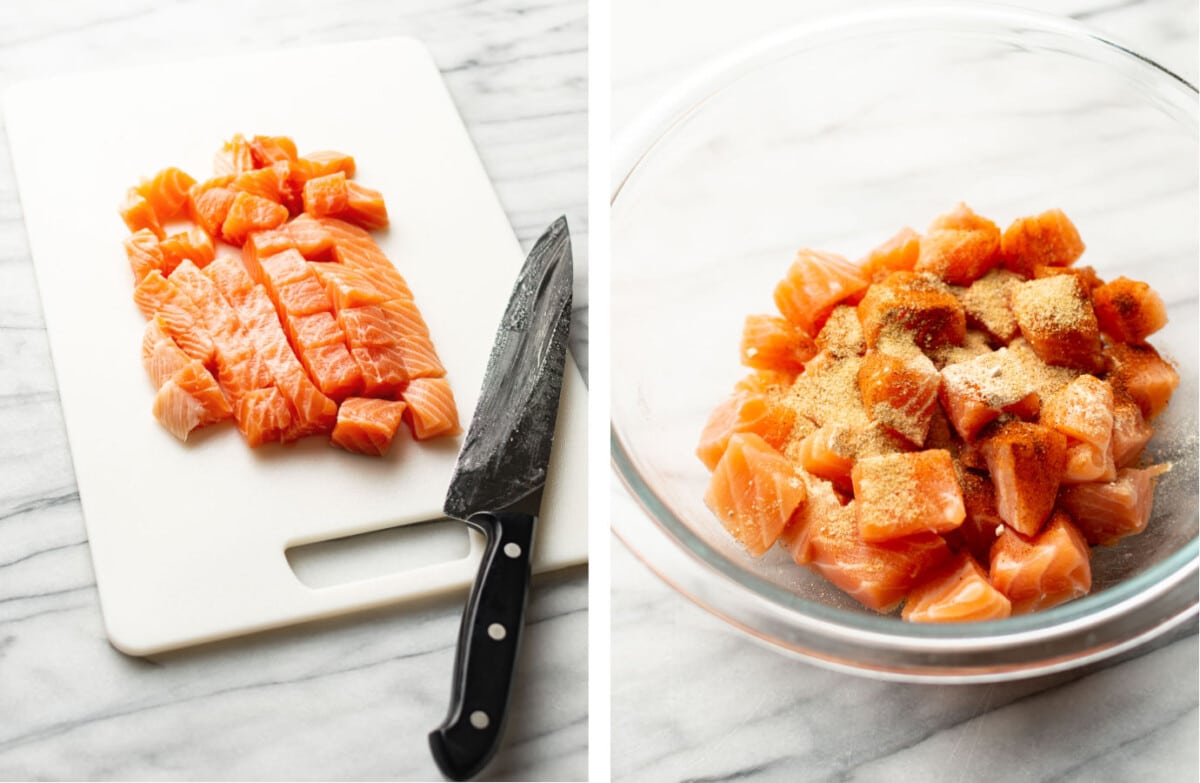 chopping salmon on a cutting board and tossing with seasoning in a prep bowl