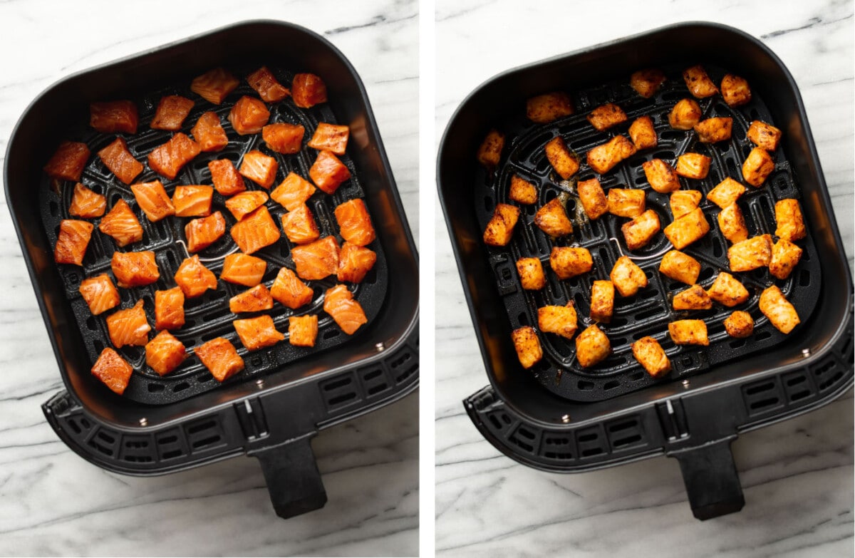 salmon bites in an air fryer basket before and after cooking