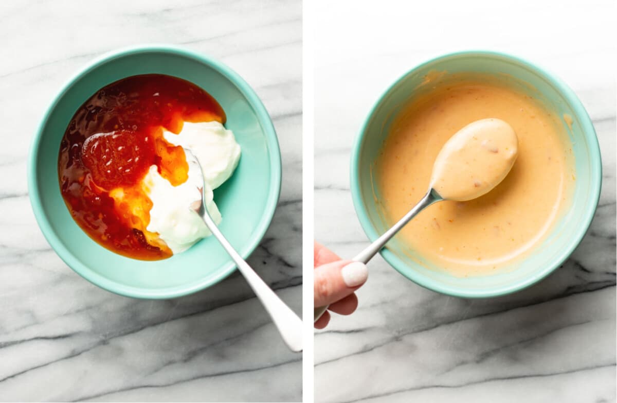 mixing homemade bang bang sauce in a prep bowl with a spoon