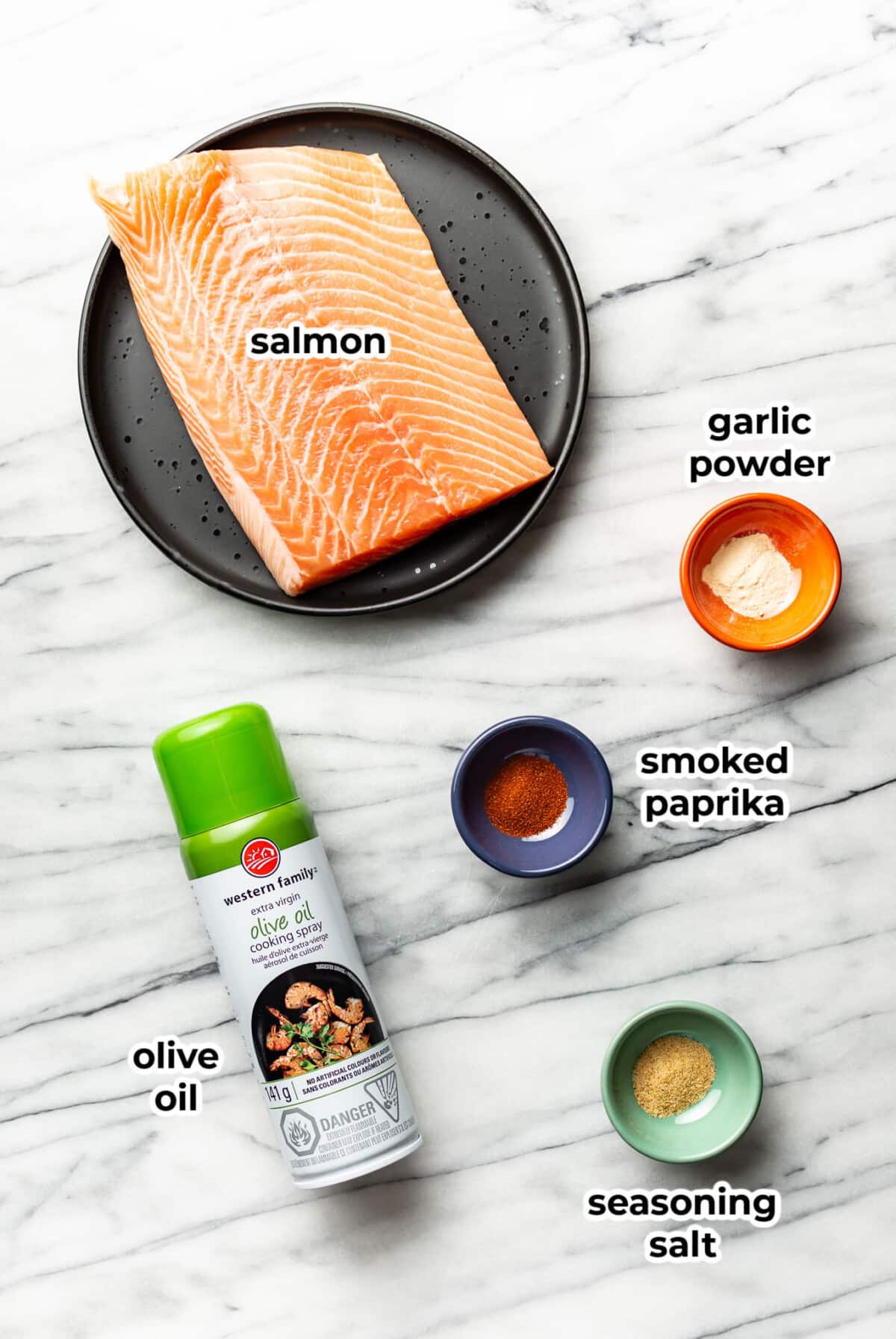 ingredients for air fryer salmon bites in prep bowls