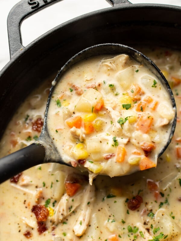 a ladle with creamy chicken and potato soup