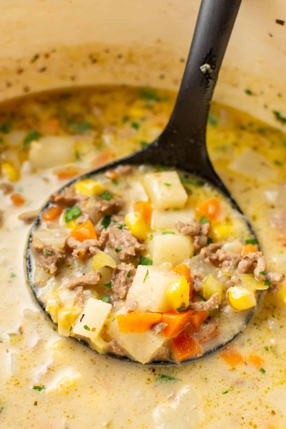 a pot of ground beef and potato soup with a ladle