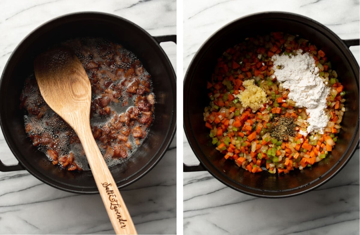 frying bacon in a soup pot and sauteing aromatics for chicken soup