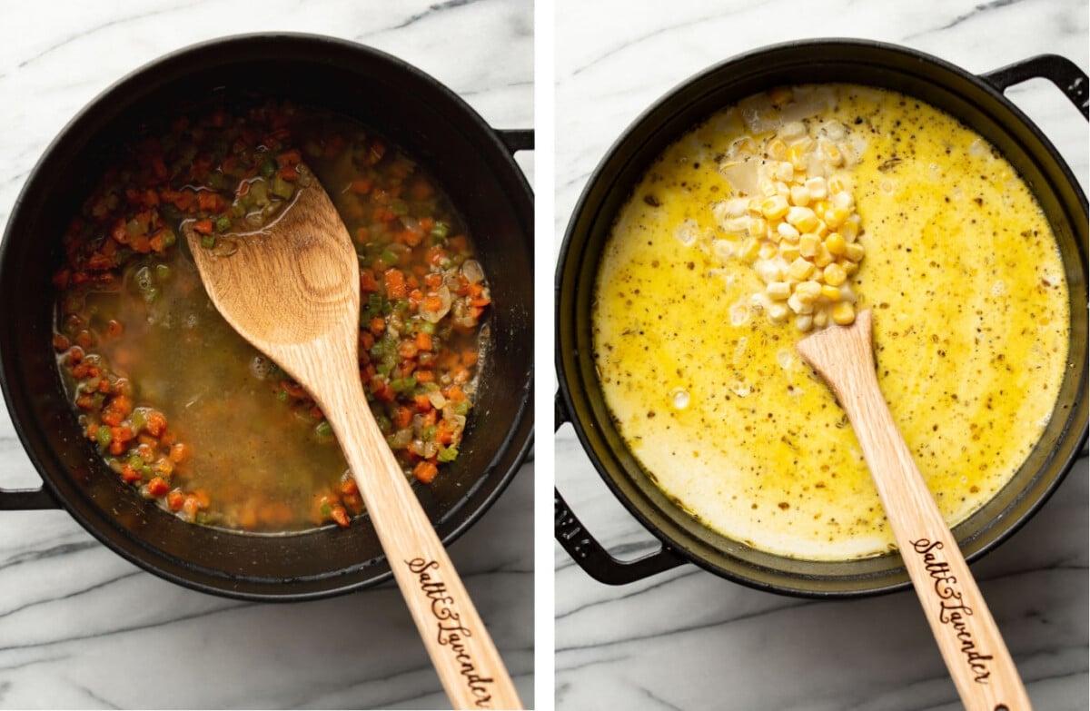 adding in broth, vegetables, and cream to a pot