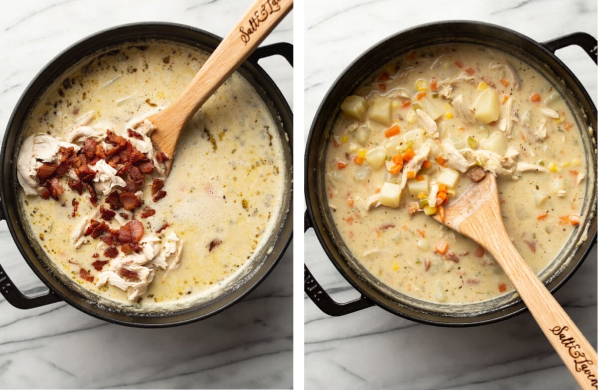 stirring in bacon to a pot of creamy chicken potato soup