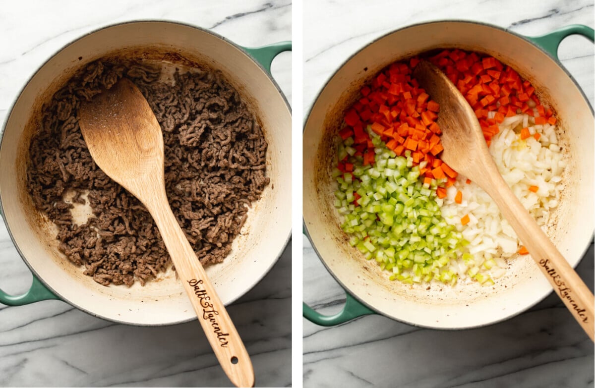 browning ground beef in a dutch oven and sauteing aromatics for soup