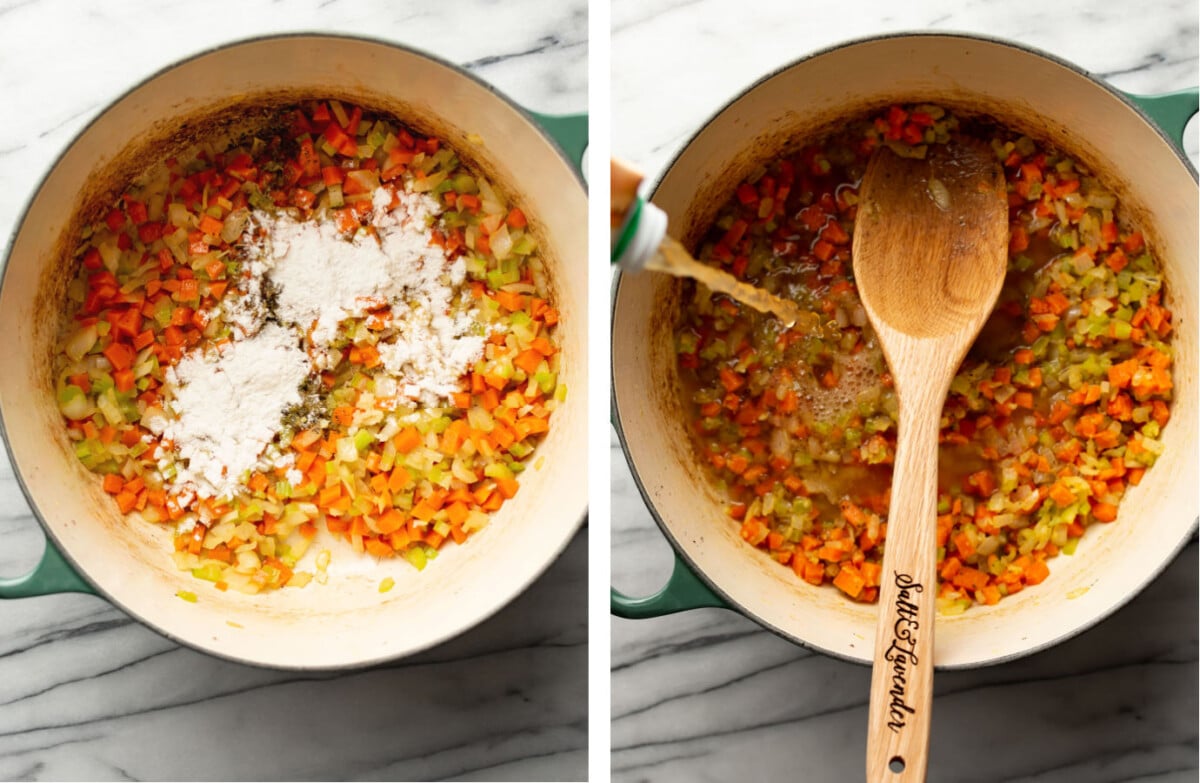 adding flour and chicken broth to a pot of soup