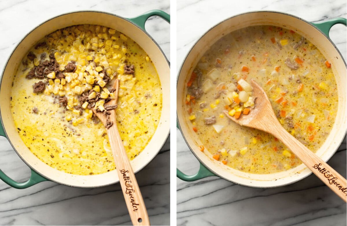 adding in corn, cream, and seasonings to a pot of creamy hamburger potato soup