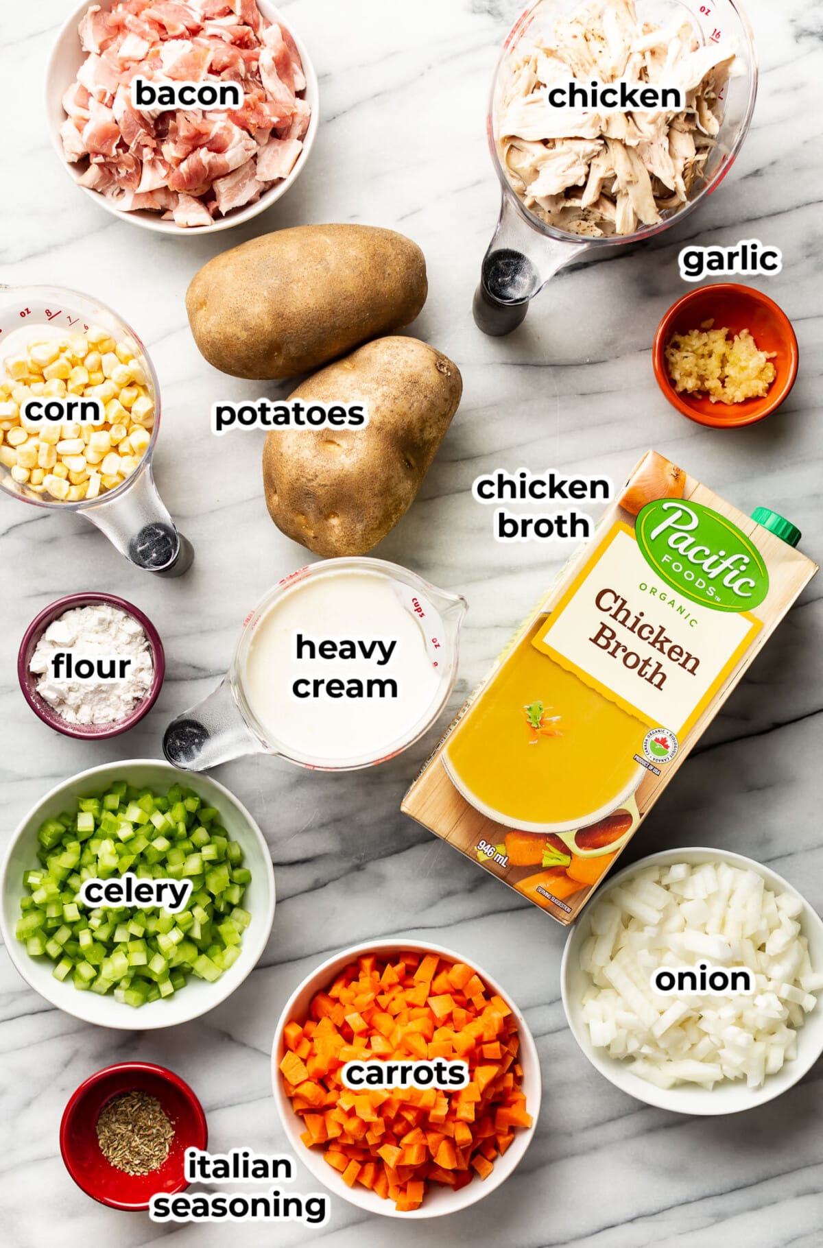 ingredients for creamy chicken potato soup in prep bowls