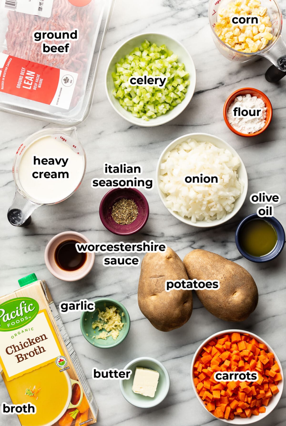 ingredients for creamy hamburger potato soup in prep bowls